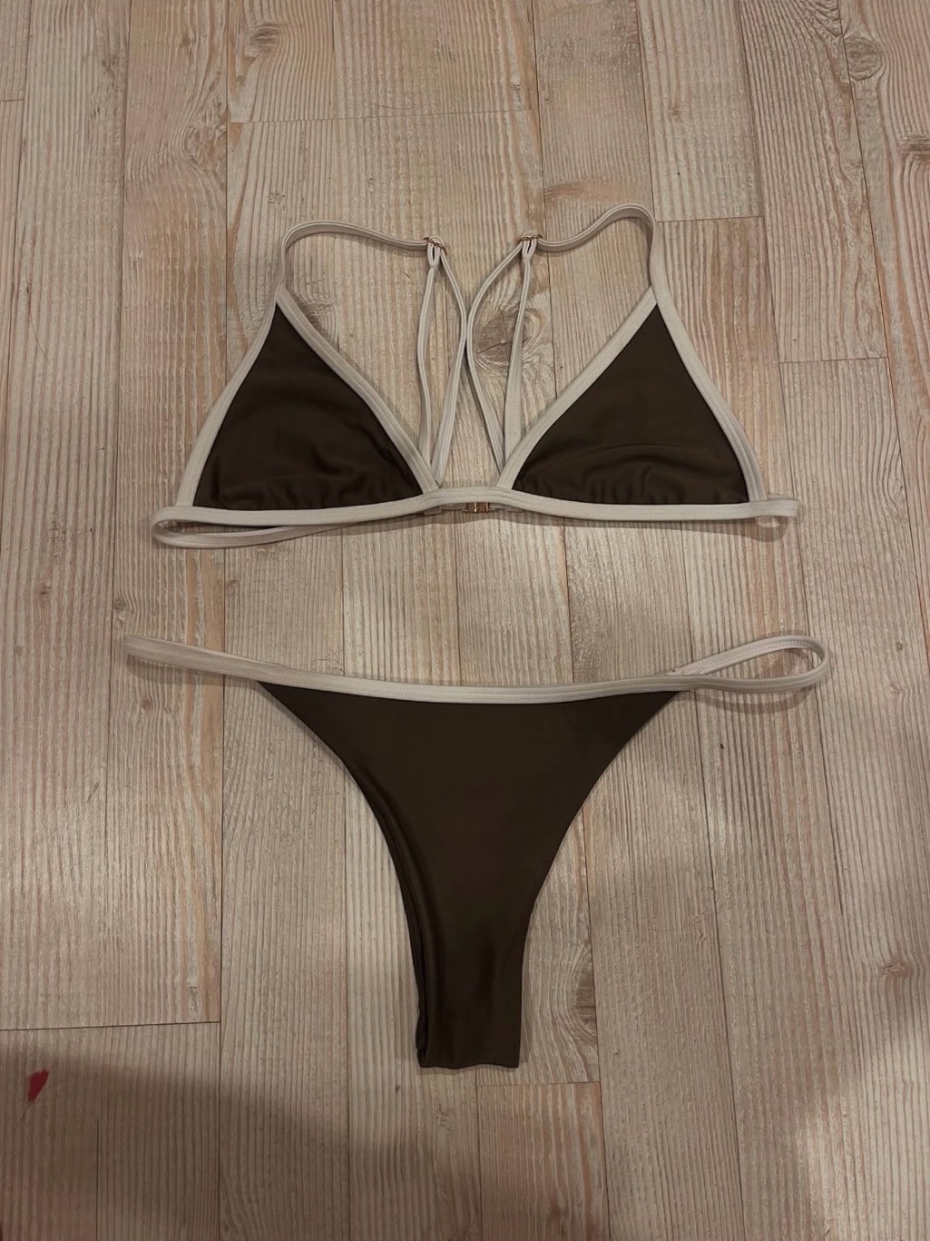 Women’s Triangle Bikini Set In Dark Green With Cream Trim